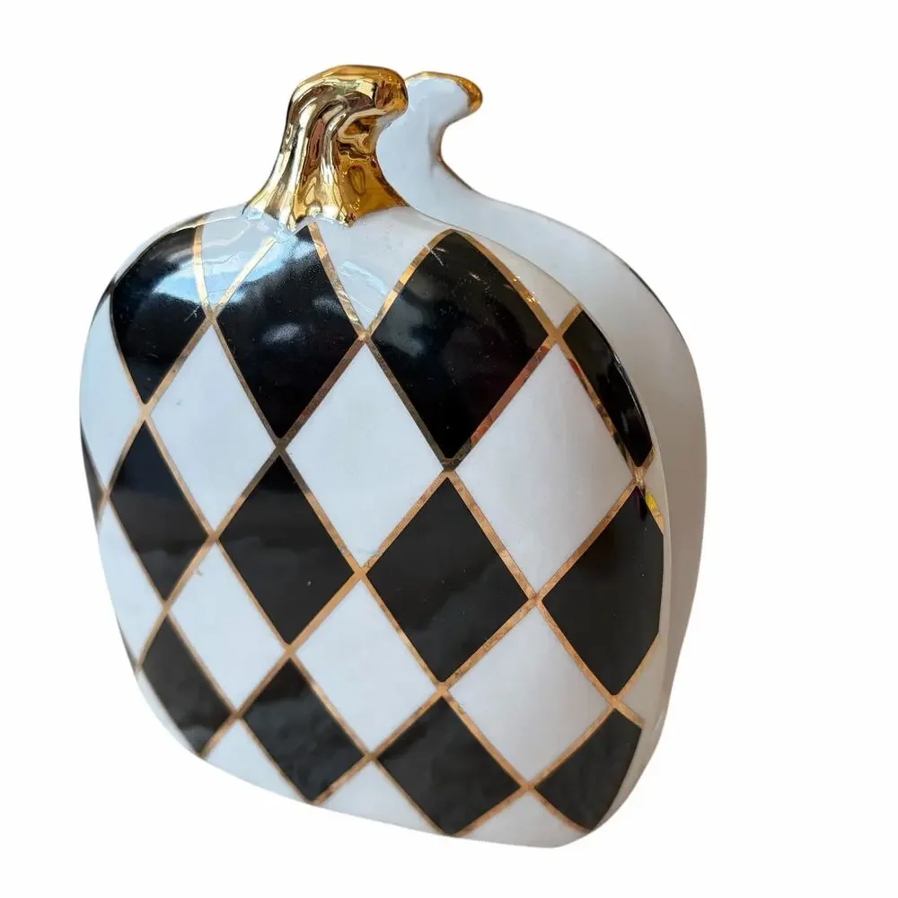 Black & White Harlequin Check Pumpkin Napkin Holder 6in Ceramic Halloween NEW